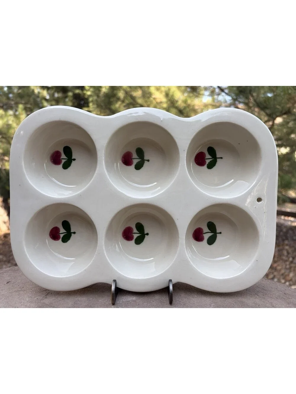 1980's Hartstone Pottery Muffin Pan ~ 6‑Cup Cherry/Apple Design Stoneware ~ EUC